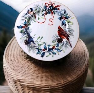 LENOX Winter Greetings 8" Salad Plate Fine Ivory China Cardinal Holly Ribbons